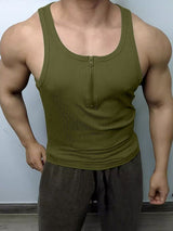 Men's Gym Bodybuilding Ribbed Textured Half Zipper Deep V-Neck Tank SKUL65389