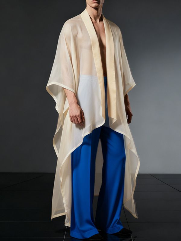 Men's Sheer Mesh Patchwork Satin Loose Fit Cardigan SKUL47702