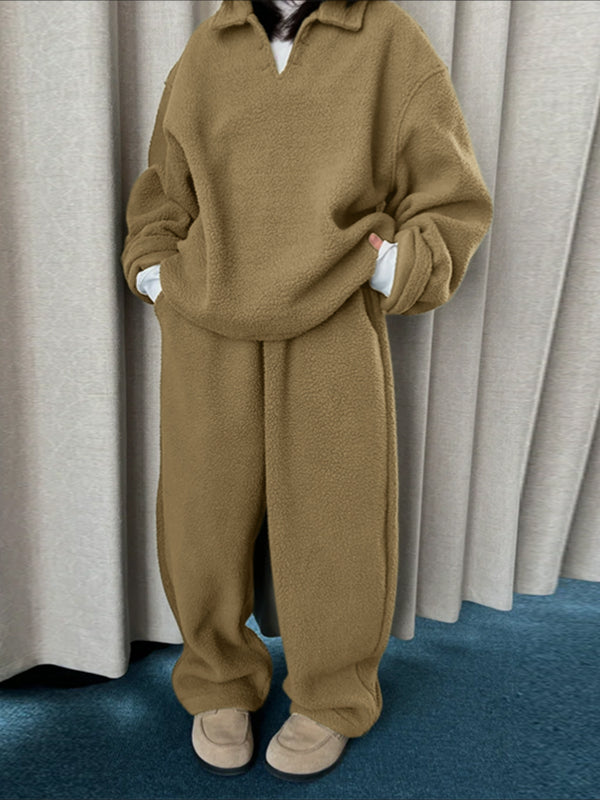 Men's Solid Color Fleece Loose Two Pieces Outfit SKUL38052