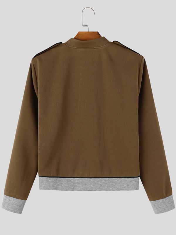Men's Retro Early Autumn Military Piping Flap Pocket Slim Fit Waist Length Long Sleeve Bomber Jacket SKUL82455