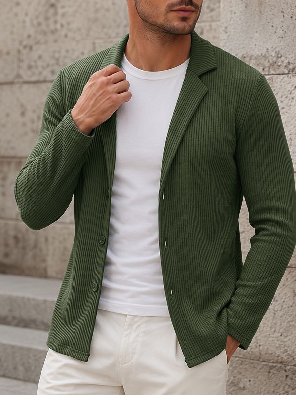 Men's Early Autumn Urban Casual Ribbed Knit Button Down Long Sleeve Lapel Collar Cardigan SKUL79219
