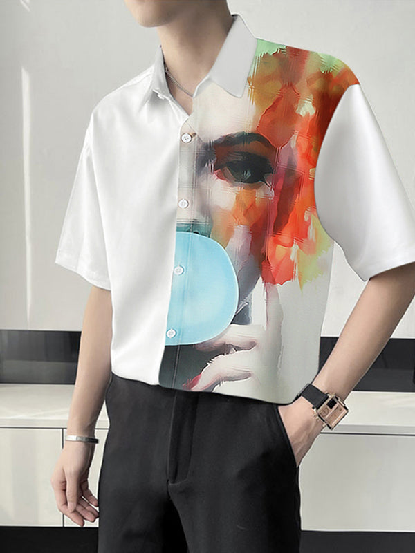 Mens Abstract Face Print Patchwork Lapel Shirt SKUK16270