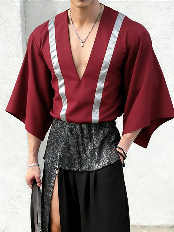 Men's Contrast Stripe Loose Deep V Neck Long Sleeve T-shirt SKUL51924