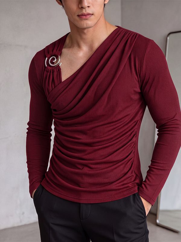 Men's Clean Fit Cocktail Party Metal Ring Accent Draped Ruched Muscle Fit Long Sleeve Asymmetric Neck T-shirt SKUL83113
