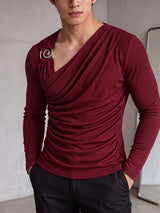 Men's Clean Fit Cocktail Party Metal Ring Accent Draped Ruched Muscle Fit Long Sleeve Asymmetric Neck T-shirt SKUL83113