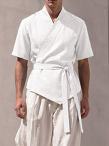 Men's Resort Wear Textured Kimono Wrap Short Sleeve Shirt SKUL78265