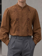 Men's Retro Early Autumn Floral Embroidered Puff Long Sleeve Stand Collar Shirt SKUL79744