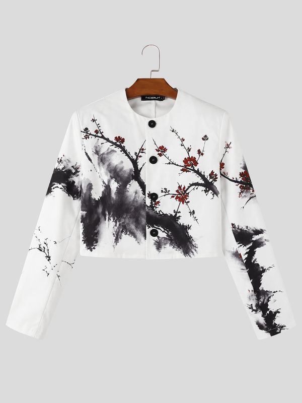 Men's Avant-Garde Gallery Plum Blossom Ink Print Collarless Structured Shoulder Long Sleeve Cropped Blazer SKUL79642