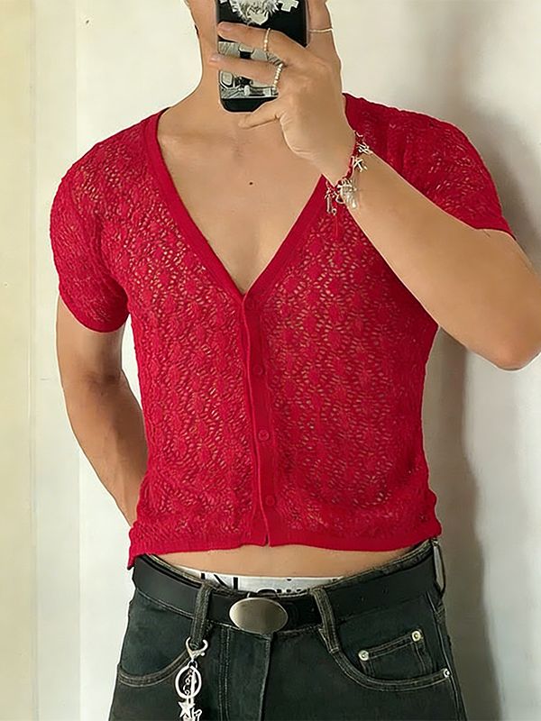 Men's Hollow Sheer V Neck Short Sleeve T-shirt SKUL54434