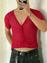 Men's Hollow Sheer V Neck Short Sleeve T-shirt SKUL54434