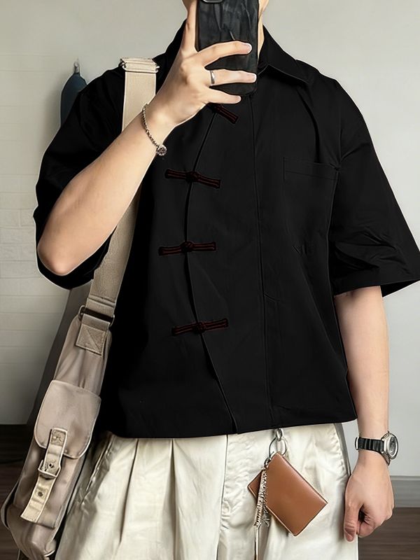 Men's Asymmetric Color Block Frog Button Loose Short Sleeve Shirt SKUL57095