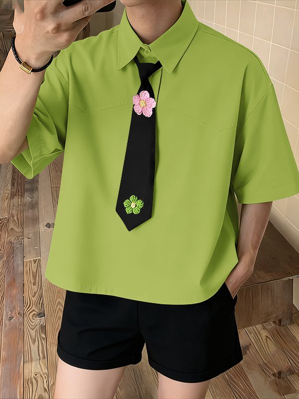 Men's 3D Floral Decor Tie Short Sleeve Shirt SKUL41498