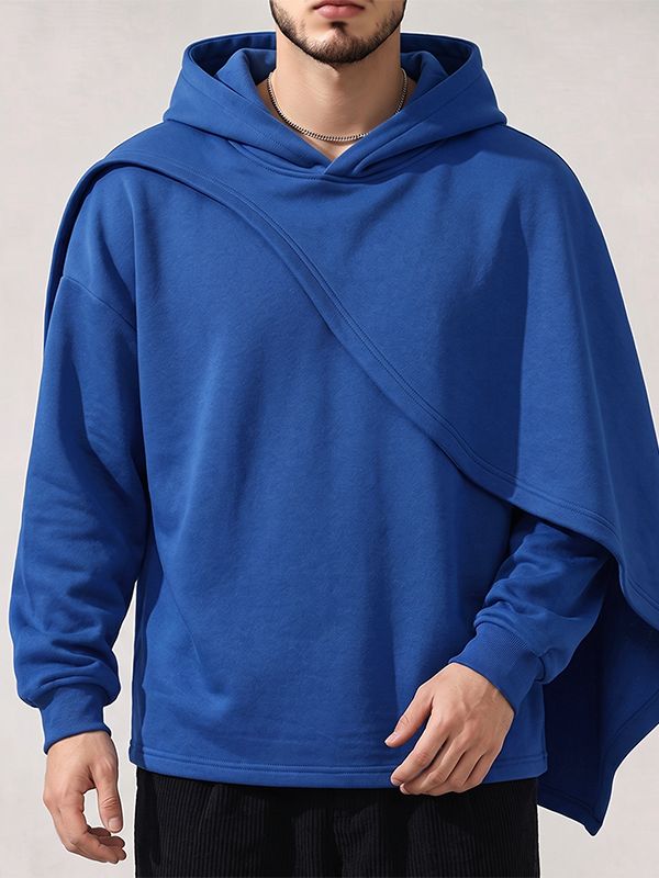 Men's Urban Casual Asymmetric Cape Overlay Drop Shoulder Long Sleeve Hooded Collar Hoodie SKUL82467