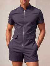 Men's High-Street American Vintage Techwear Zippered Mock-Neck Utility Jumpsuit SKUL74849