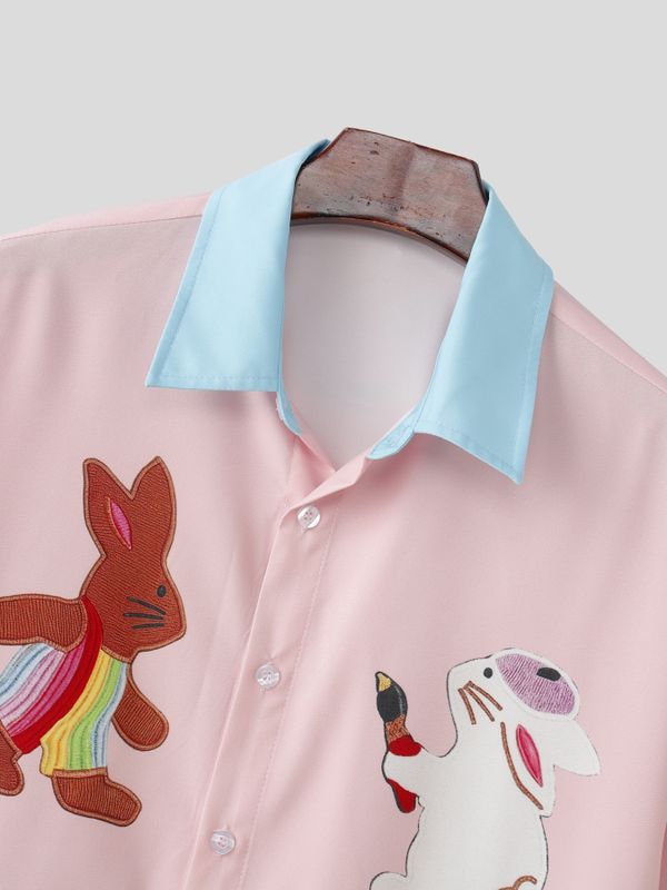 Men's Japanese Harajuku Cute Cartoon Rabbit Graphic Contrast Collar Short Sleeve Shirt SKUL59667