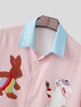 Men's Japanese Harajuku Cute Cartoon Rabbit Graphic Contrast Collar Short Sleeve Shirt SKUL59667