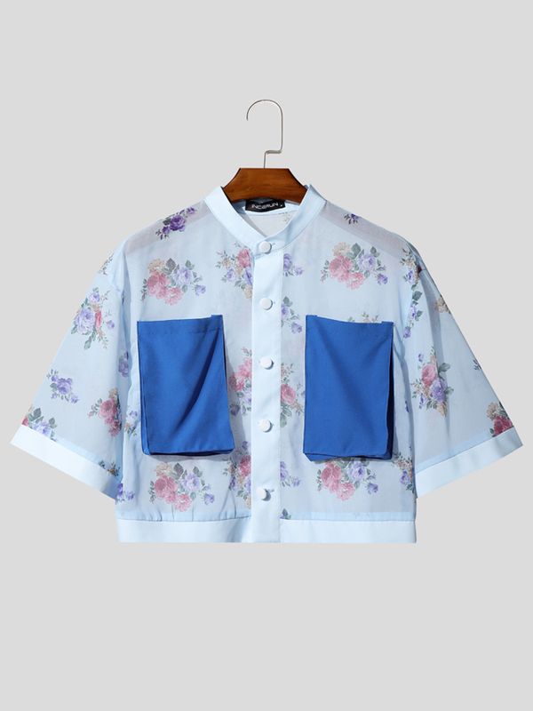 Men's Avant-Garde Floral Sheer Mesh Cropped Mandarin Collar Shirt SKUL60249