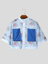 Men's Avant-Garde Floral Sheer Mesh Cropped Mandarin Collar Shirt SKUL60249