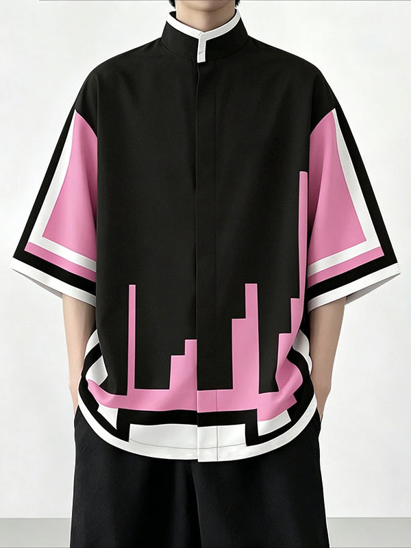 Men's Cyberpunk Pixel Geometric Block Contrast Stand Collar Short Sleeve Shirt SKUL61165