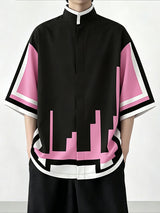 Men's Cyberpunk Pixel Geometric Block Contrast Stand Collar Short Sleeve Shirt SKUL61165