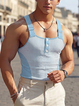 Men's Vintage Striped Color Block Buckle Strap Square Neck Fit Tank SKUL73602