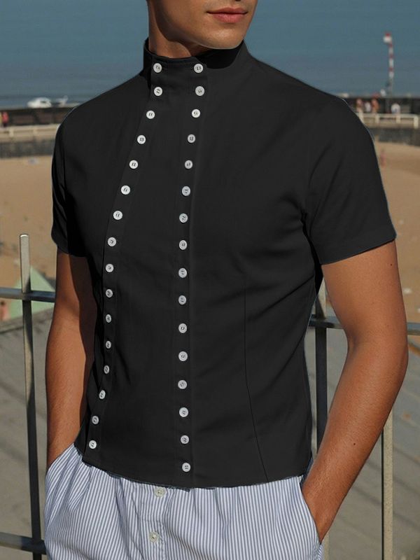 Men's Deconstructed Double Placket Button Short Sleeve Shirt SKUL59792