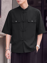 Men's Neo-Traditional Zen Utility Frog-Button Boxy Shirt SKUL79948