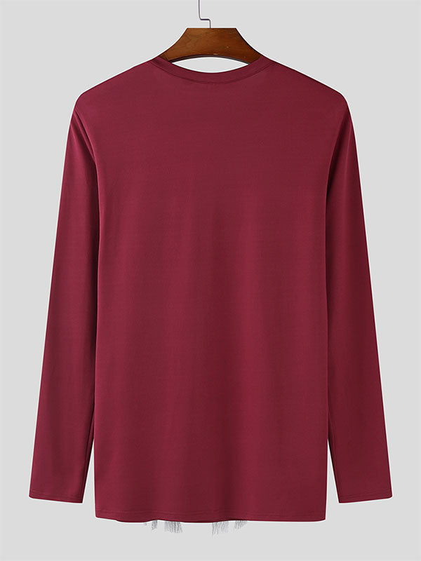 Men's Glitter Tassel Patchwork Crew Neck Long Sleeve T-Shirt SKUL23657