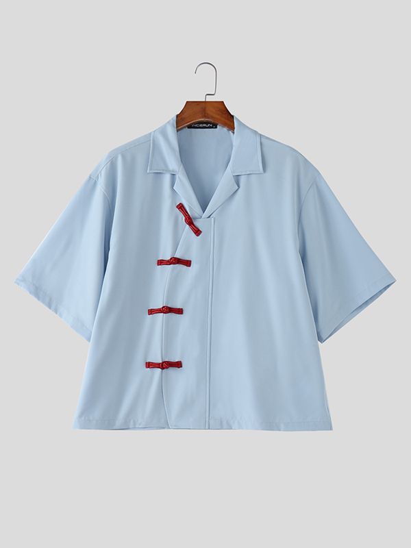 Men's Asymmetric Frog Button Short Sleeve Shirt SKUL57087