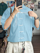 Men's Frog Button Contrast Color Short Sleeve Shirt SKUL45324