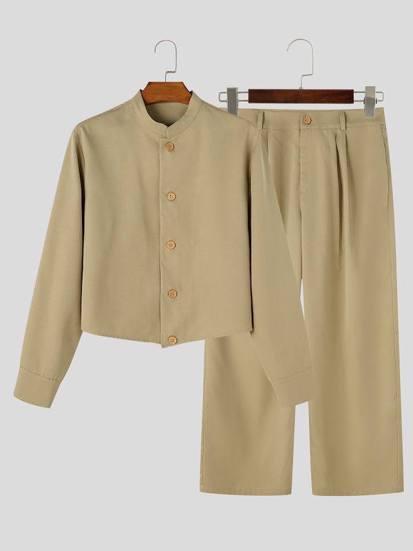 Men's Smart Chic City Walk Stand Collar V-Cut Waist Two Pieces Outfit SKUL85214