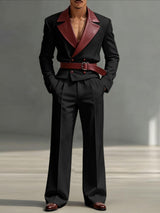 Men's Faux Leather Contrast Color Double Breasted Two Pieces Outfit SKUL47907