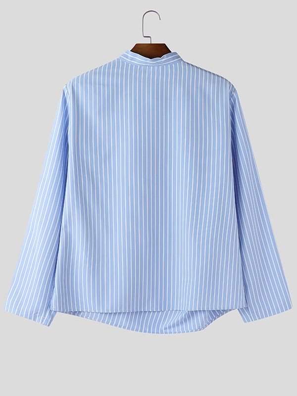 Men's Stripe Asymmetric Layered Stand Collar Long Sleeve Shirt SKUL50909