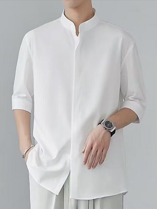 Men's Minimalist Clean-Fit Daily Commute Concealed Placket Mandarin Collar 3/4 Sleeve Shirt SKUL84679