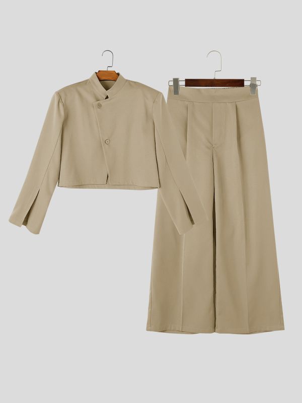 Men's Avant-Garde Deconstructed Stage Runway Asymmetric Slanted Button Cropped Two Pieces Outfit SKUL85939