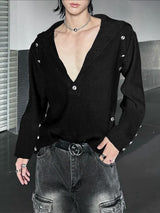 Men's Deconstructed Metal Buckle High Neck Long Sleeve T-shirt SKUL42254