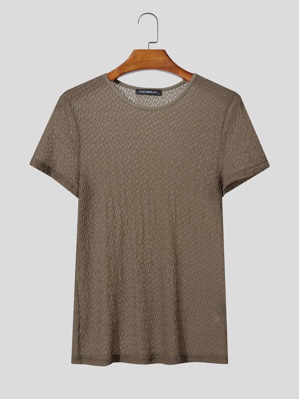 Men's Avant-Garde Geometric Open-Weave Mesh Muscle Fit Short Sleeve T-shirt SKUL72626