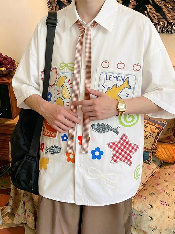 Men's Harajuku Streetwear Doodle Patchwork Short Sleeve Shirt SKUL69086