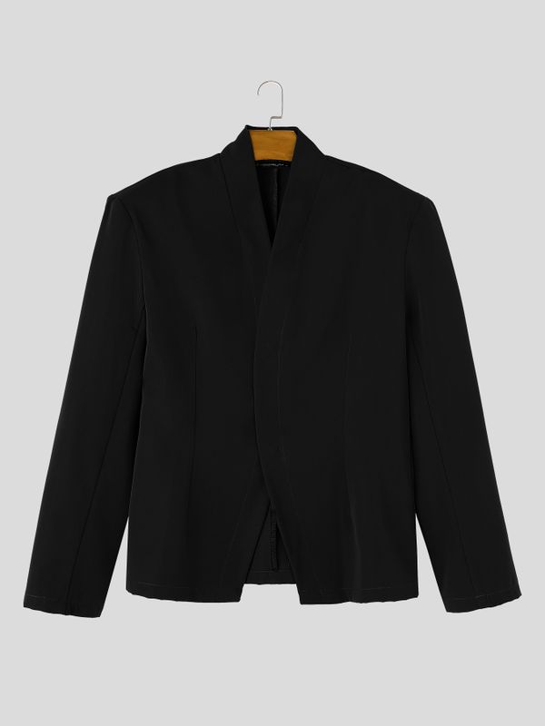 Men's Zen Minimalist Tea Gathering Overlap V-Neck Shawl Collar Buttonless Blazer SKUL85966