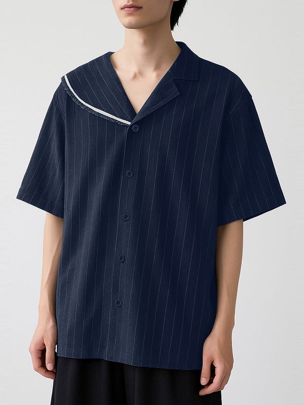 Men's Tassel Patchwork Stripe Asymmetric Collar Short Sleeve Shirt SKUL41086