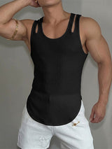 Men's Avant-Garde Double-Strap Shoulder Cutout Slim Fitted Curved Hem Tank SKUL73524