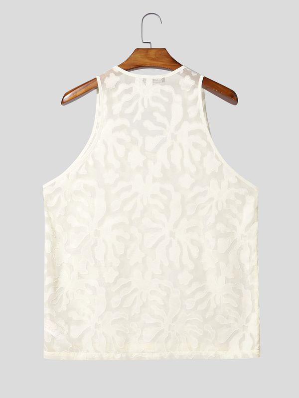Men's Avant-Garde Semi-Sheer Burnout Botanical Pattern Tank SKUL76465