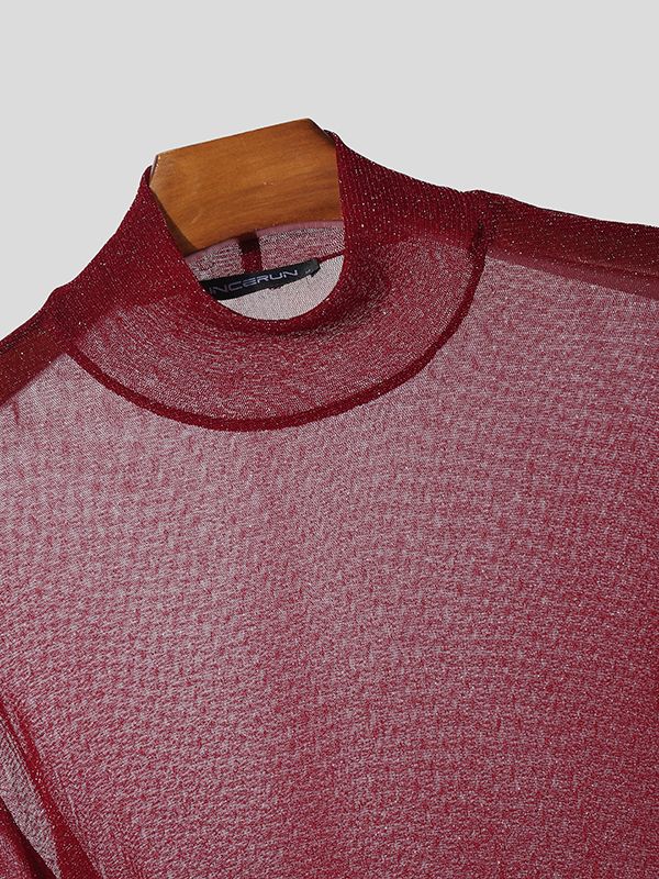 Men's Party Style Shiny Cropped Long Sleeve T-Shirt SKUL37694