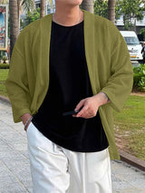 Men's Solid Color Textured 3/4 Length Sleeve Cardigan SKUL25829