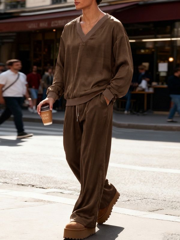 Men's Solid Color Casual V Neck Two Piece Outfit SKUL50056