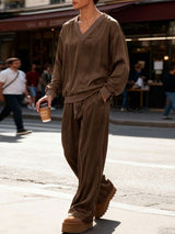 Men's Solid Color Casual V Neck Two Piece Outfit SKUL50056