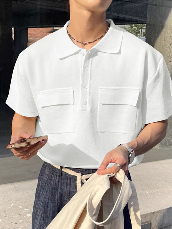 Men's Solid Color Knit Double Pocket Short Sleeve Shirt SKUL21109