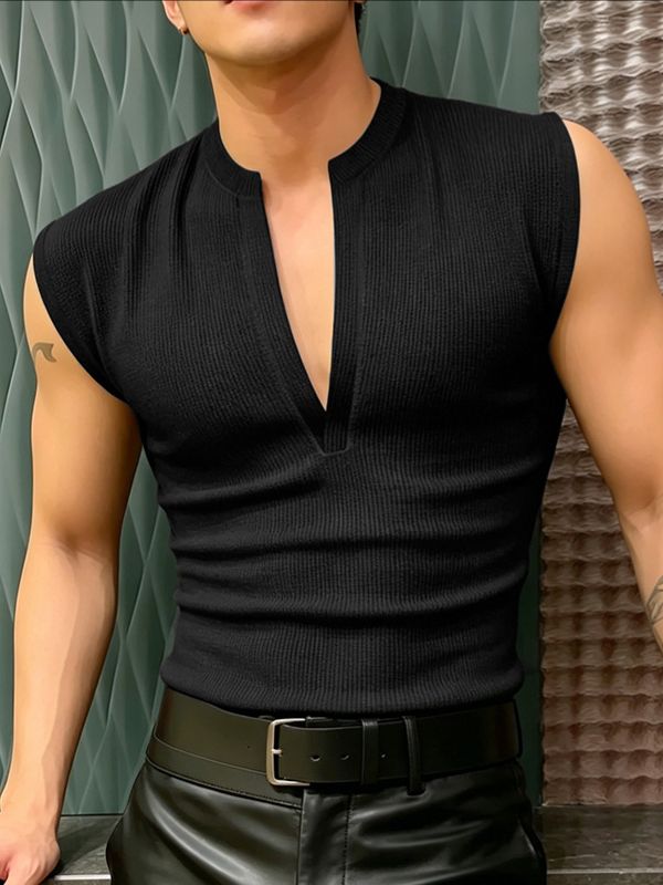 Men's Avant-Garde Deconstructed Mock Neck Waffle Texture Fitted Tank SKUL72766