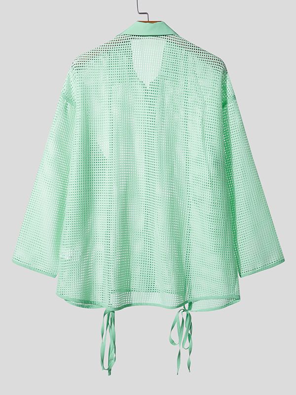 Men's Ribbon Patchwork Hollow Mesh Long Sleeve Shirt SKUL46178