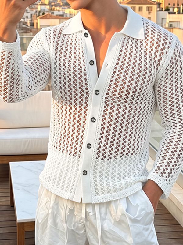 Men's Beach Resort Open Knit Mesh Sheer Long Sleeve Button Down Polo Shirt SKUL73669